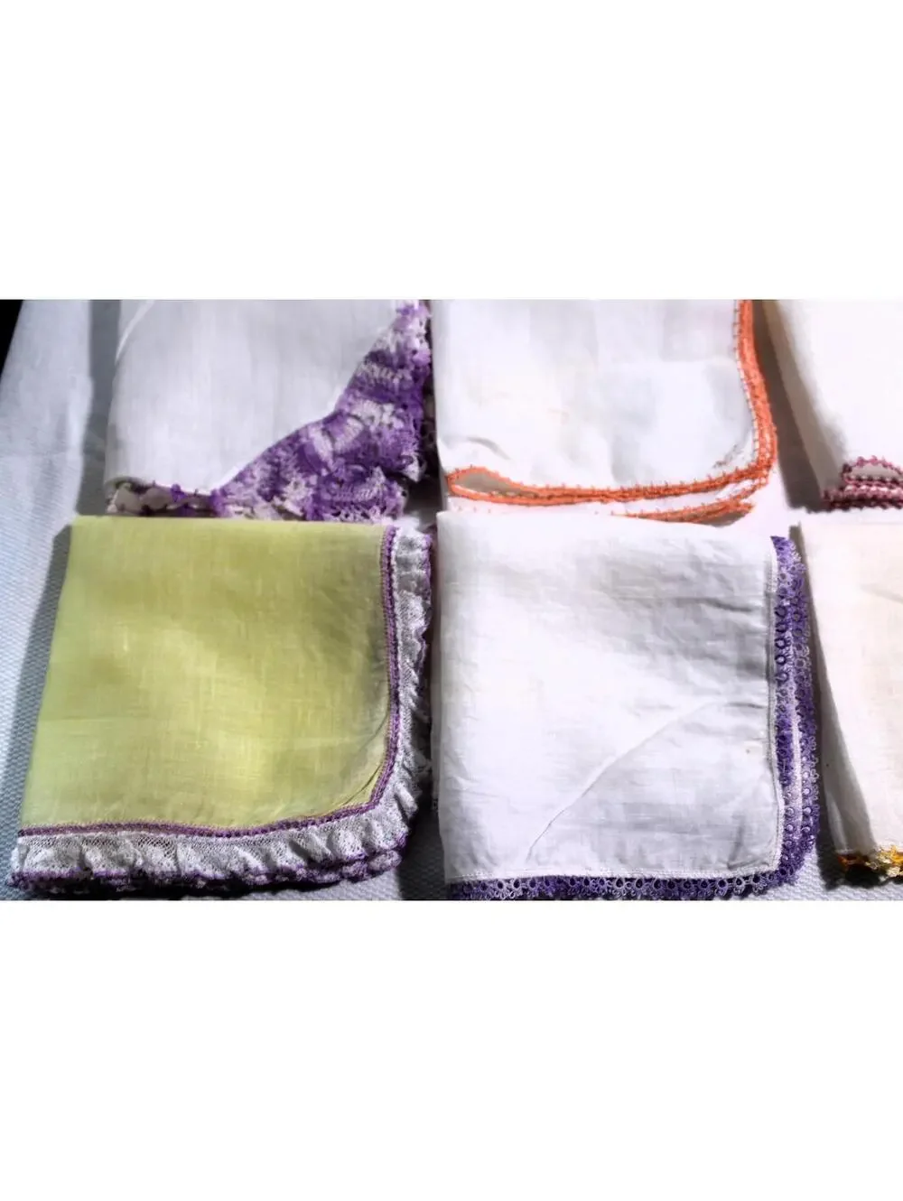Lot of 9 Vintage Handkerchiefs With Crocheted Borders, Some Slightly Imperfect